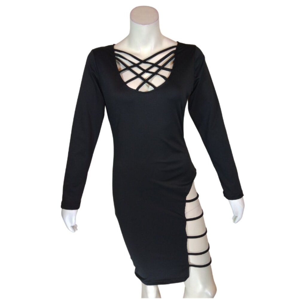 Women Black Multi Strap Long Sleeve Dress